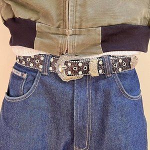 vintage black rhinestone studded american western cowboy boho belt